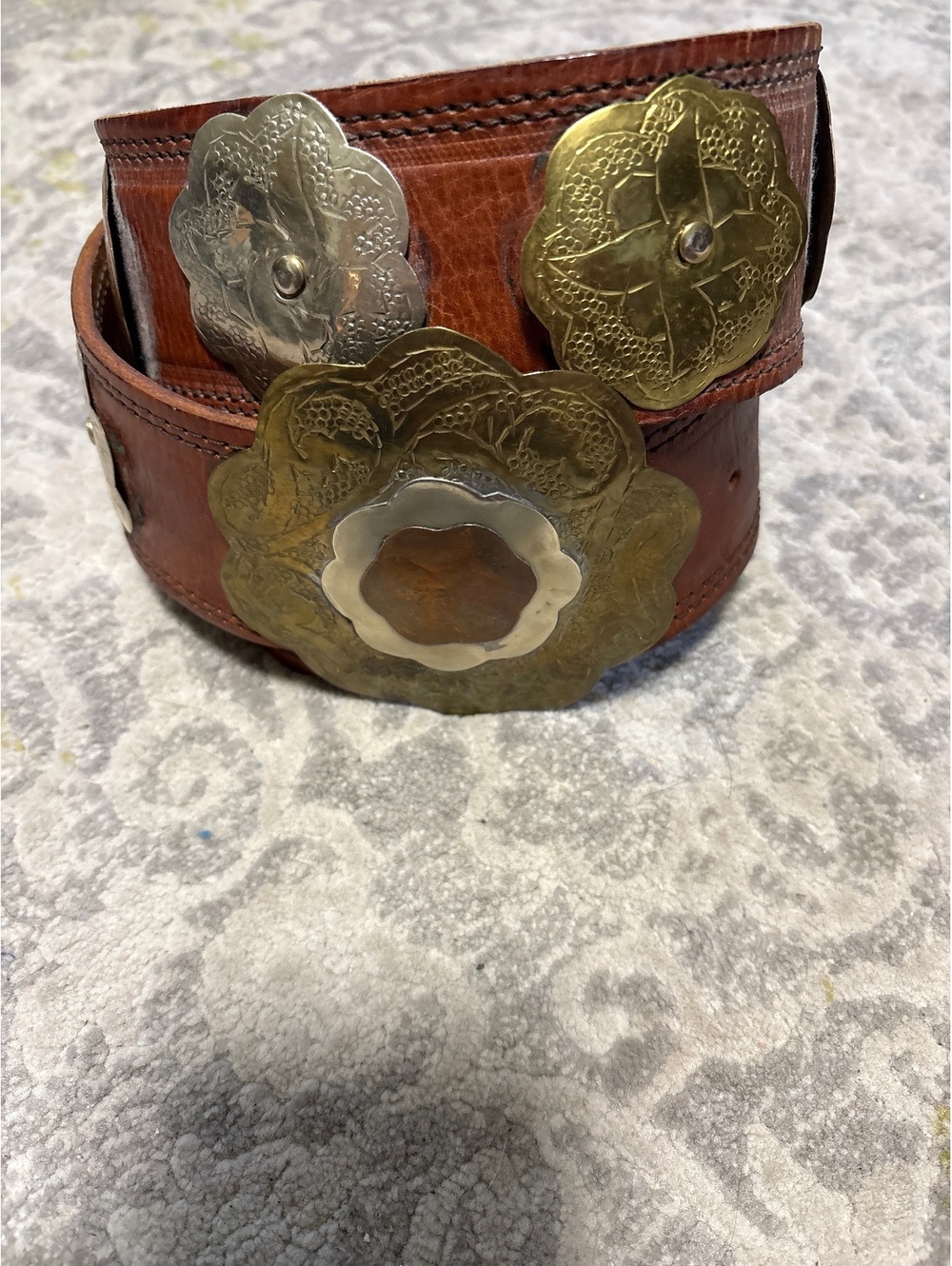 Vintage western concho boho leather metal belt 70s